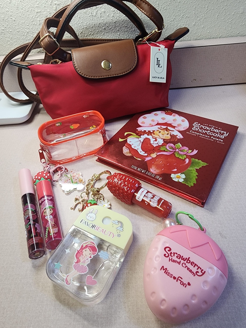 Lucy & Lola RedMini Bag with Strawberry Shortcake Makeup & CZ Earrings W/Necklac